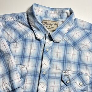 Wrangler Retro Western Pearl Snap Blue Plaid Men's XXL Short Sleeve Shirt